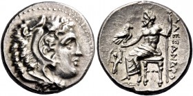 Alexander III, 336 – 323 and posthumous issues. Drachm, Lampsacus circa 328-323, AR 4.31 g. Head of Heracles r., wearing lion skin headdress. Rev. Zeu...