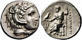 Alexander III, 336 – 323 and posthumous issues. Drachm, Lampsacus circa 328-323, AR 4.25 g. Head of Heracles r., wearing lion skin headdress. Rev. Zeu...