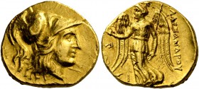 Alexander III, 336 – 323 and posthumous issues. Stater, Sidon 324-323, AV 8.54 g. Head of Athena r., wearing crested Corinthian helmet, bowl decorated...