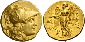 Alexander III, 336 – 323 and posthumous issues. Stater, Abydus (?) 323-317, AV 8.56 g. Head of Athena r., wearing crested Corinthian helmet, bowl deco...