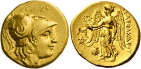 Alexander III, 336 – 323 and posthumous issues. Stater, Abydus (?) 323-317, AV 8.51 g. Head of Athena r., wearing crested Corinthian helmet, bowl deco...
