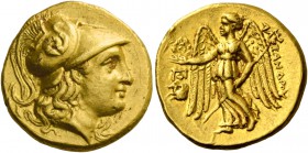 Alexander III, 336 – 323 and posthumous issues. Stater, Lampsacus circa 310-301, AV 8.55 g. Head of Athena r., wearing crested Corinthian helmet, bowl...