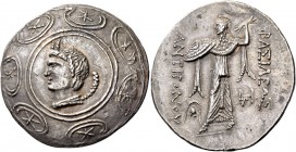 Antigonos II Gonatas, 277 – 239. Tetradrachm, Amphipolis 274-255, AR 14.80 g. Macedonian shield decorated in centre with head of Pan l., with pedum ov...