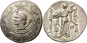 Antigonos II Gonatas, 277 – 239. Tetradrachm, Amphipolis 271-265, AR 17.08 g. Macedonian shield decorated in centre with head of Pan l., with pedum ov...