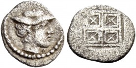 Thraco-Macedonian tribes, Uncertain. Obol circa 450, AR 0.46 g. Head of Hermes r., wearing petasus. Rev. Quadripartite incuse square with X in each qu...