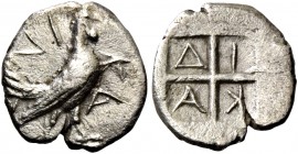 Dicaea. Trihemiobol circa 490-475, AR 0.71 g. ΔΙ – ΚΑ (retr.) Rooster standing r. Rev. ΔΙ – ΚΑ (bustrophedon) within quadripartite incuse square. For ...