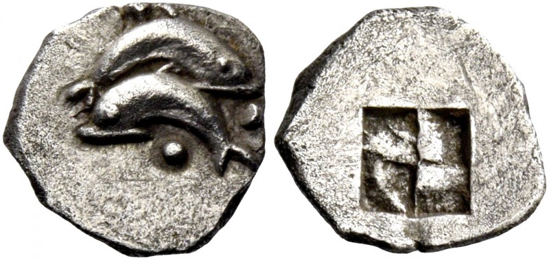 Islands off Thrace, Thasos. Obol circa 435-411, AR 0.58 g. Dolphin r. on dolphin...