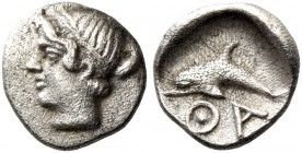 Islands off Thrace, Thasos. Hemiobol circa 400, AR 0.28 g. Diademed head of nymph l. Rev. Dolphin l.; all within incuse square. Le Rider, Guide de Tha...