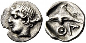 Islands off Thrace, Thasos. Hemiobol circa 400, AR 0.27 g. Diademed head of nymph l. Rev. Dolphin l.; all within incuse square. Le Rider, Guide de Tha...