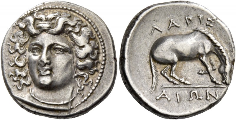 Thessaly, Larissa. Drachm circa 348-336, AR 6.12 g. Head of nymph Larissa facing...