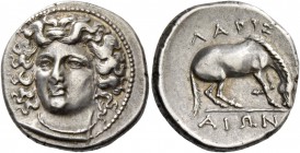 Thessaly, Larissa. Drachm circa 348-336, AR 6.12 g. Head of nymph Larissa facing three quarters l., wearing ampyx; hair floating freely above head. Re...