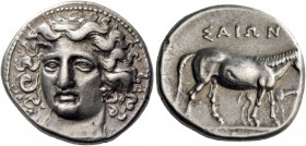 Thessaly, Larissa. Drachm circa 348-336, AR 5.87 g. Head of nymph Larissa facing three quarters l., wearing ampyx; hair floating freely above head. Re...