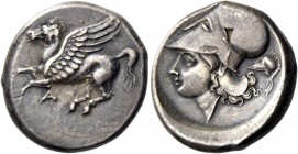 Acarnania, Argos. Stater circa 345-307 BC, AR 8.41 g. Pegasus flying l.; below, A. Rev. Helmeted head of Athena l.; in r. field, Corinthian helmet. Ca...