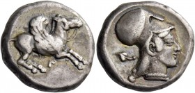 Leucas. Stater circa 470-450, AR 8.49 Pegasus flying r.; below, Λ. Rev. Head of Athena r., wearing Corinthian helmet; in l. field, ivy leaf. All withi...