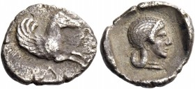 Leucas. Hemidrachm circa 470-450, AR 1.25 g. Forepart of pegasus r.; below, Λ. Rev. Head of Aphrodite r., wearing thin diadem and a pearl necklace. Al...