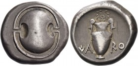 Boeotia, Thebes. Stater circa 379-368, AR 12.03 g. Boeotian shield. Rev. Amphora; laurel wreath above, YA-RO across field; all within incuse concave c...