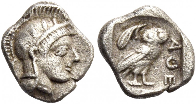 Attica, Athens. Obol circa 460-450, AR 0.65 g. Head of Athena r., wearing creste...