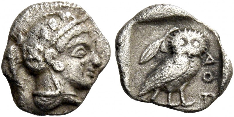 Attica, Athens. Obol circa 460-450, AR 0.68 g. Head of Athena r., wearing creste...