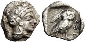 Attica, Athens. Obol circa 460-450, AR 0.68 g. Head of Athena r., wearing crested Attic helmet. Rev. Owl, with closed wings, standing r. with head fac...