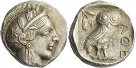 Attica, Athens. Tetradrachm circa 420-410, AR 17.16 g. Head of Athena r., wearing Attic helmet decorated with olive leaves and palmette. Rev. Owl stan...