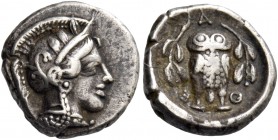Attica, Athens. Hemidrachm circa 420-410, AR 2.14 g. Head of Athena r., wearing Attic helmet decorated with olive leaves and palmette. Rev. Facing owl...