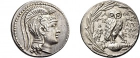 Attica, Athens. Tetradrachm new style coinage circa 135-134, AR 16.82 g. Helmeted head of Athena r. Rev. Owl standing r., head facing, on amphora. In ...