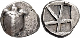 Aegina, Aegina. Stater circa 480-457, AR 12.29 g. Sea turtle. Rev. Skew pattern within incuse square. Milbank pl. 1, 15. Dewing 1674.
Old cabinet tone...