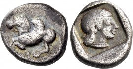Corinthia, Corinth. Drachm circa 510-480, AR 2.74 g. Pegasus flying l. Rev. Head of Aphrodite r., wearing thin diadem and pearl necklace. SNG Copenhag...
