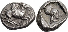 Corinthia, Corinth. Stater circa 480, AR 8.26 g. Pegasus flying r. Rev. Head of Athena r., wearing Corinthian helmet; all within partially incuse squa...