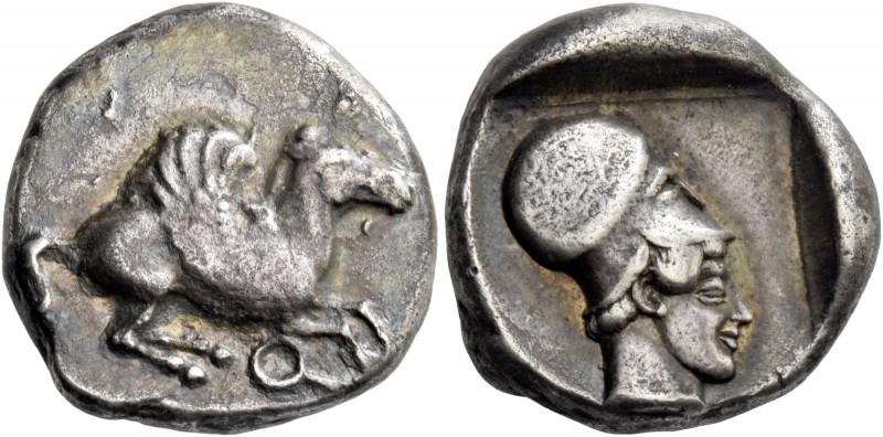 Corinthia, Corinth. Stater circa 470, AR 8.53 g. Pegasus flying r. Rev. Head of ...