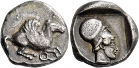 Corinthia, Corinth. Stater circa 470, AR 8.53 g. Pegasus flying r. Rev. Head of Athena r., wearing Corinthian helmet; all within partially incuse squa...