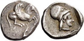 Corinthia, Corinth. Drachm circa 470, AR 2.75 g. Pegasus flying r. Rev. Head of Athena r., wearing Corinthian helmet; all within partially incuse squa...
