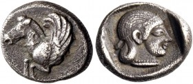 Corinthia, Corinth. Hemidrachm circa 470, AR 1.34 g. Forepart of Pegasus l. Rev. Head of Aphrodite r., wearing thin diadem and pearl necklace. All wit...
