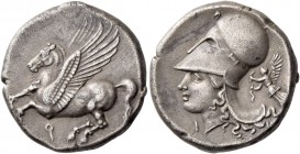 Corinthia, Corinth. Stater circa 375-370, AR 8.50 g. Pegasus flying l. Rev. Helmeted head of Athena l.; below the chin, I and in r. field, Nike flying...