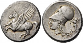 Corinthia, Corinth. Stater circa 345-307, AR 8.50 g. Pegasus flying l.; below, (koppa). Rev. Head of Athena l., wearing Corinthian helmet; below chin,...
