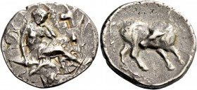Crete, Gortyna. Stater circa 330-270, AR 11.33 g. Europa seated r. in tree, head propped on her l. hand in pensive attitude. Rev. Bull standing r., he...