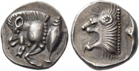 Mysia, Cyzicus. Trihemiobol circa 500-490, AR 1.18 g. Forepart of boar l.; behind, tunny fish upwards. Rev. Head of lion l., with open jaws and tongue...