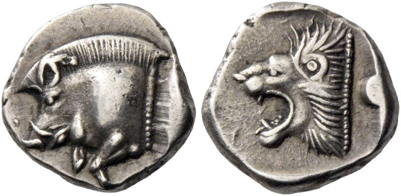 Mysia, Cyzicus. Trihemiobol circa 500-490, AR 1.25 g. Forepart of boar l.; in r....
