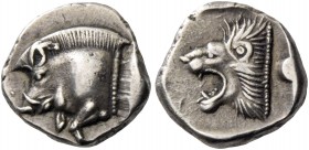 Mysia, Cyzicus. Trihemiobol circa 500-490, AR 1.25 g. Forepart of boar l.; in r. field, tunny upward. Rev. Head of lion l. with open jaws. All within ...