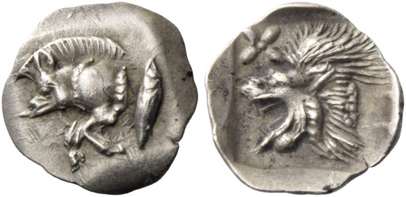 Mysia, Cyzicus. Hemiobol circa 500-490, AR 0.24 g. Forepart of boar l.; behind, ...