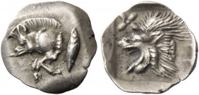 Mysia, Cyzicus. Hemiobol circa 500-490, AR 0.24 g. Forepart of boar l.; behind, tunny. Rev. Head of lion l., with open jaws and tongue protruding; abo...