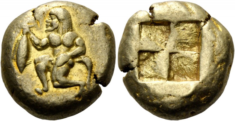Mysia, Cyzicus. Stater, circa 500-450, EL 16.04 g. Satyr kneeling l., holding tu...