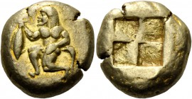Mysia, Cyzicus. Stater, circa 500-450, EL 16.04 g. Satyr kneeling l., holding tunny fish by the tail. Rev. Quadripartite incuse square. von Fritze 122...