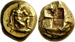 Mysia, Cyzicus. Stater circa 450-430, EL 16.09 g. Apollo kneeling r., holding bow and arrow; below, tunny fish r. Rev. Quadripartite incuse square. vo...