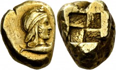 Mysia, Cyzicus. Stater circa 450-430, EL 15.88 g. Head of Attis r., wearing Phrygian cap; below, tunny fish r. Rev. Quadripartite incuse square. von F...