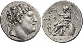 Kings of Pergamum, Eumenes I, 263 – 241. Tetradrachm, circa 255-241, AR 17.01 g. Laureate head of Philetairos r. Rev. Athena seated l., holding wreath...