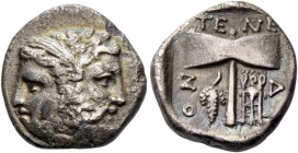 Islands off Troas, Tenedos. Drachm circa 450-487, AR 3.55 g. Janiform head of a laureate male and diademed female. Rev. Labrys; below, bunch of grapes...