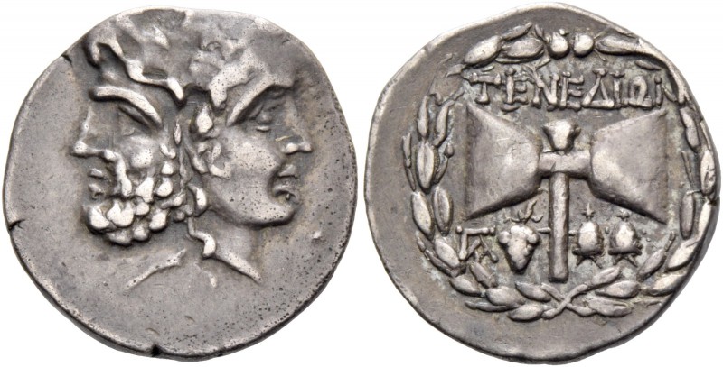 Islands off Troas, Tenedos. Drachm circa 100-70 BC, AR 4.03 g. Janiform head of ...