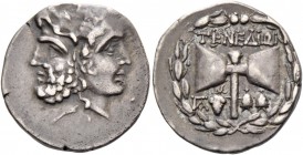 Islands off Troas, Tenedos. Drachm circa 100-70 BC, AR 4.03 g. Janiform head of a laureate male and diademed female. Rev. Labrys; below, monogram and ...