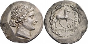 Aeolis, Cyme. Tetradrachm, magistrate Metrophanes, circa 160-150, AR 16.47 g. Diademed head of Kyme r. Rev. Horse standing r., l. foreleg arched high ...